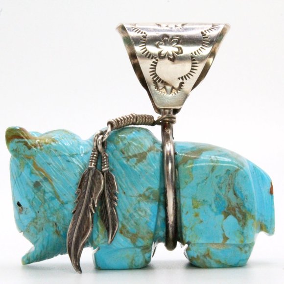 Vintage Zuni Buffalo Fetish Sculpted Turquoise 2" Large Sterling Silver Pendant - Picture 4 of 11